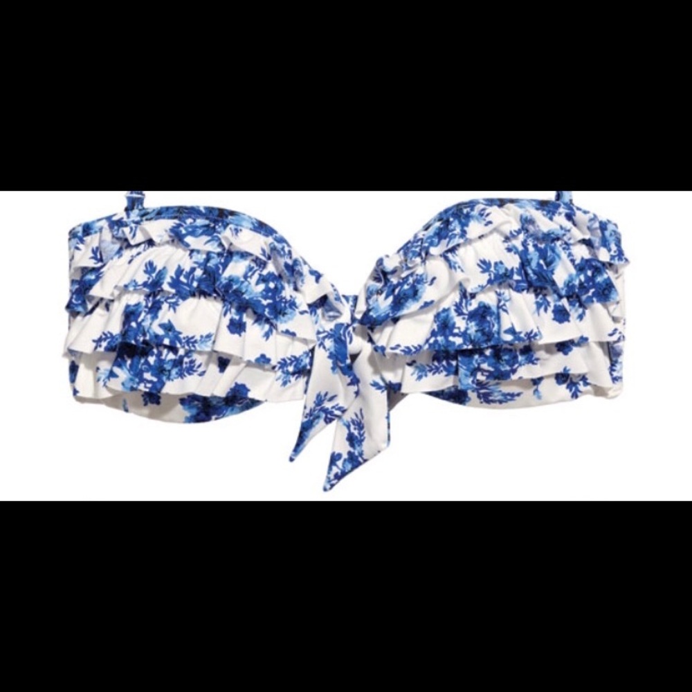 H&M Bikini Top Ruffled Blue Floral Strapless